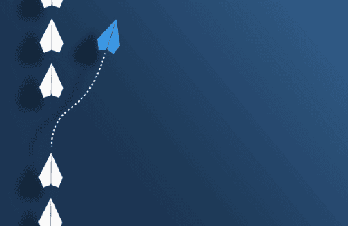 Blue paper plane taking the path to leadership away from plain paper planes.