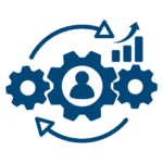 A proven process to scale icon. Gears and charts in a cyclical motion.